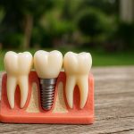 Male dentist holding a model of a dental implant, has a mask on, dental office