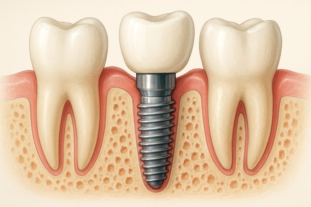 A smiling, mature woman is talking with a male dentist in his office. The dentist is holding a model of teeth with implants to demonstrate the procedure. The text on the image says "Affordable Dental Implants".