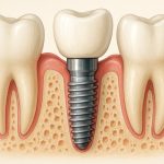 A smiling, mature woman is talking with a male dentist in his office. The dentist is holding a model of teeth with implants to demonstrate the procedure. The text on the image says "Affordable Dental Implants".
