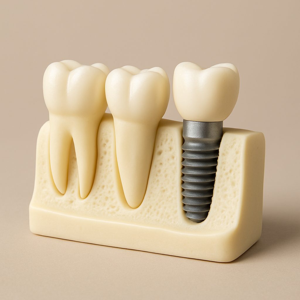 Image of a dentist in sterile surgical environment placing a dental implant into a patient's jawbone. No text on image.
