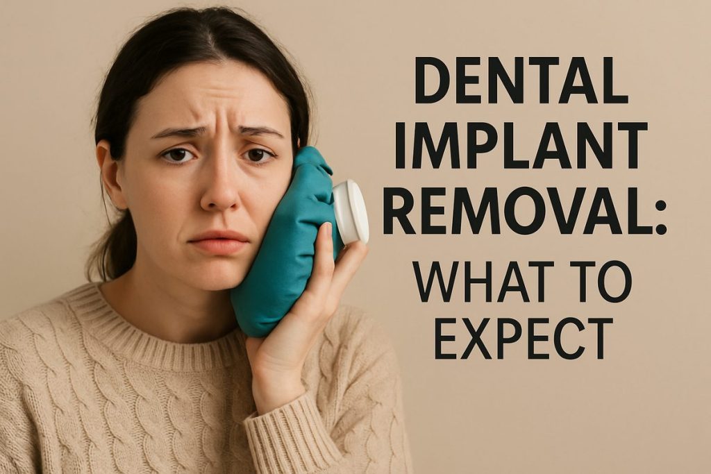Worried patient post dental implant removal is holding an ice pack to their cheek, looking concerned. Text on image says "Dental Implant Removal: What to Expect".