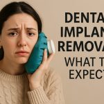 Worried patient post dental implant removal is holding an ice pack to their cheek, looking concerned. Text on image says "Dental Implant Removal: What to Expect".