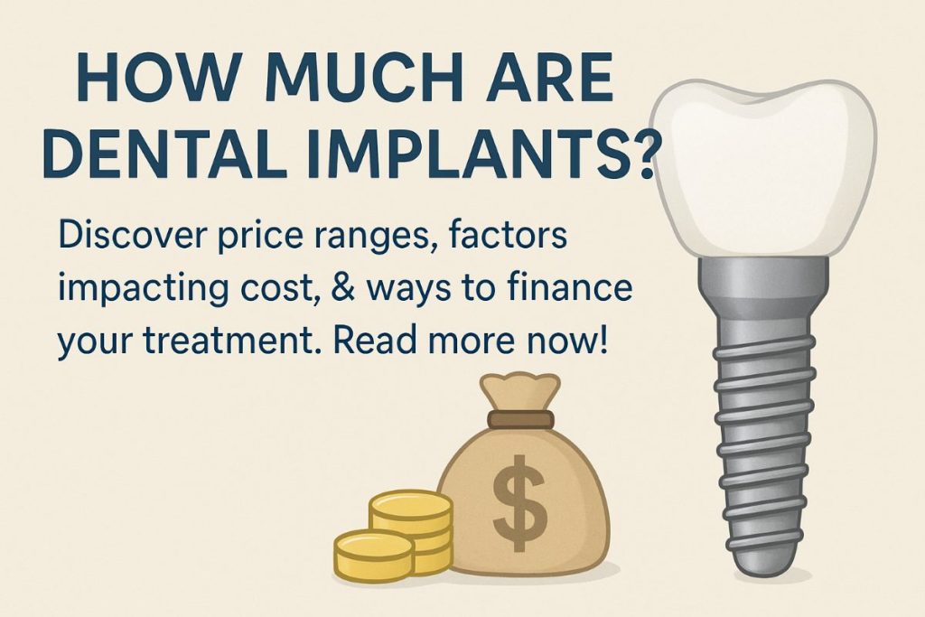 A concerned patient holds their mouth open, revealing a missing tooth. A dentist is pointing to the gap, while using a tablet to show dental implant options and costs. No text on the image.