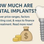 A concerned patient holds their mouth open, revealing a missing tooth. A dentist is pointing to the gap, while using a tablet to show dental implant options and costs. No text on the image.