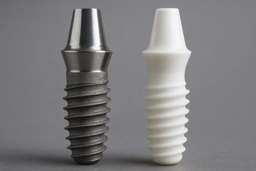Close-up comparison shot of a titanium dental implant and a zirconia dental implant side by side, highlighting the difference in color and texture. No text on the image.