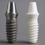Close-up comparison shot of a titanium dental implant and a zirconia dental implant side by side, highlighting the difference in color and texture. No text on the image.