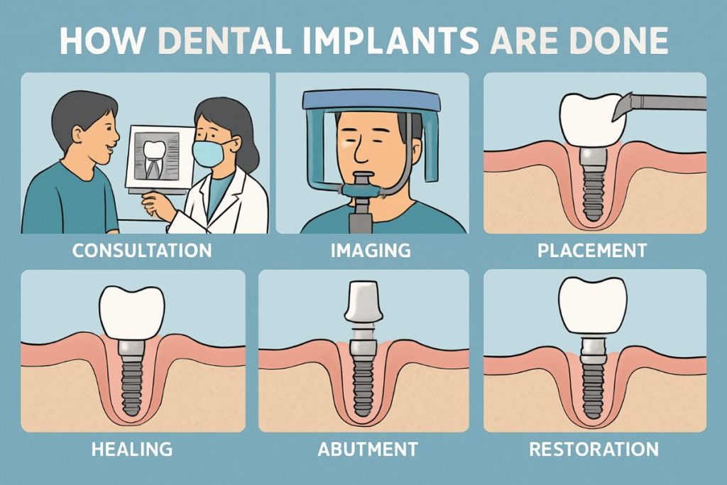 Image of a dentist explaining how dental implants are done, using a model of a jaw with implants, to a patient in a dental office. No text on the image.