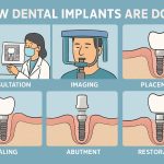 Image of a dentist explaining how dental implants are done, using a model of a jaw with implants, to a patient in a dental office. No text on the image.