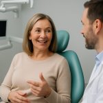 A smiling middle-aged woman sitting in a dental chair, confidently talking with a dentist about dental implants, with modern dental equipment visible in the background. No text on image.